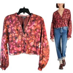 NEW Steve Madden Top S Hollis Pink Multicolor Muted Peplum Bishop Sleeves Button